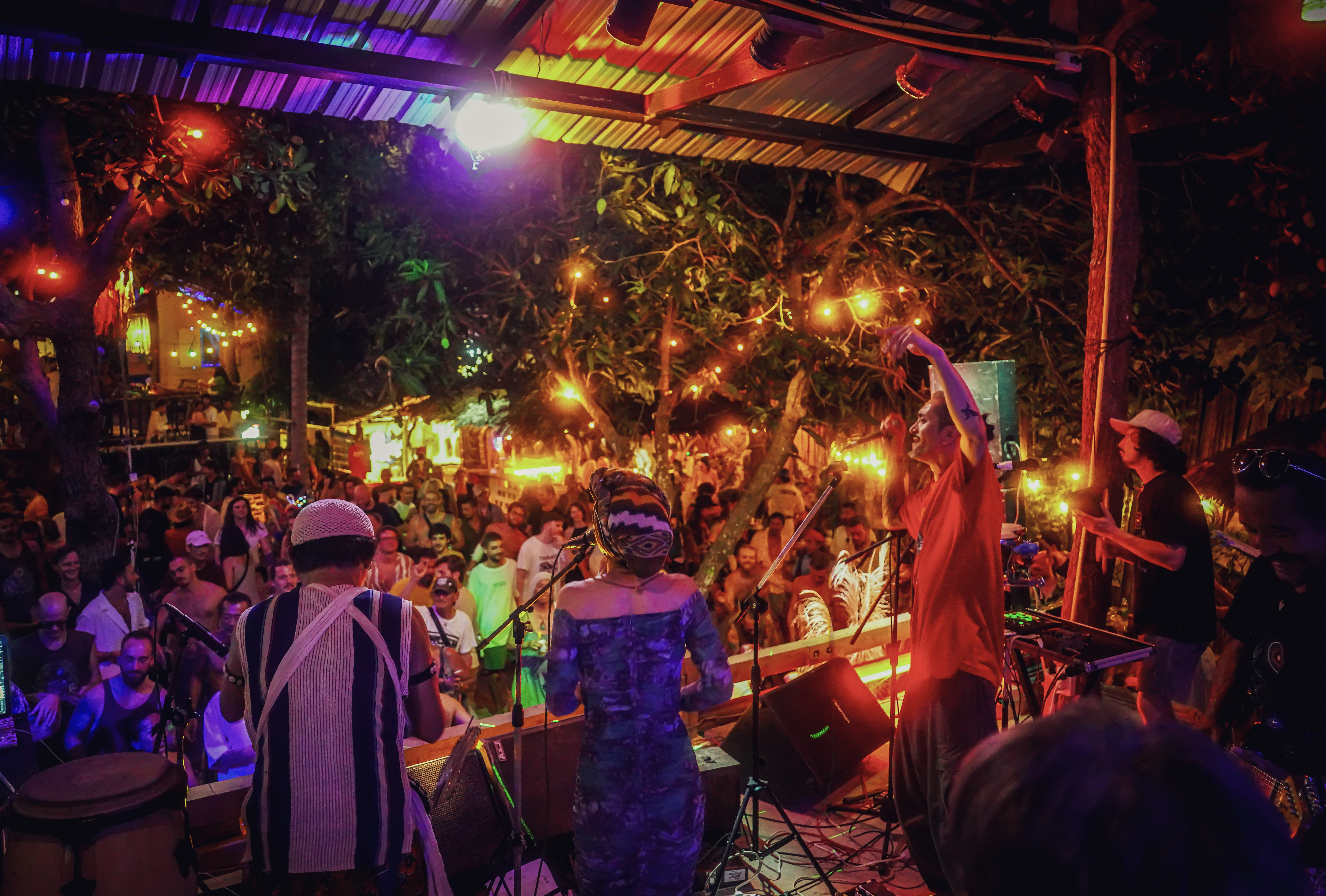Stage view of the dancing crowd under colorful lights at Rasta Home