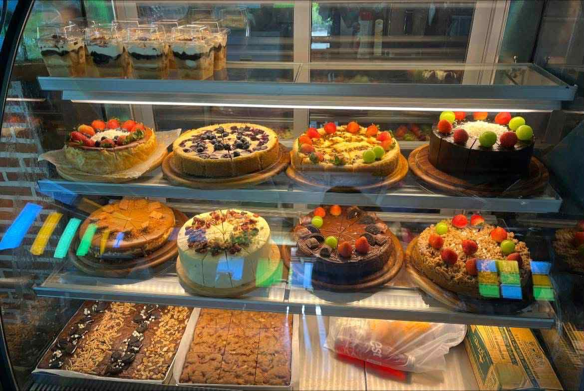 Display case with assorted cheesecakes topped with fruit, chocolate, and berries.